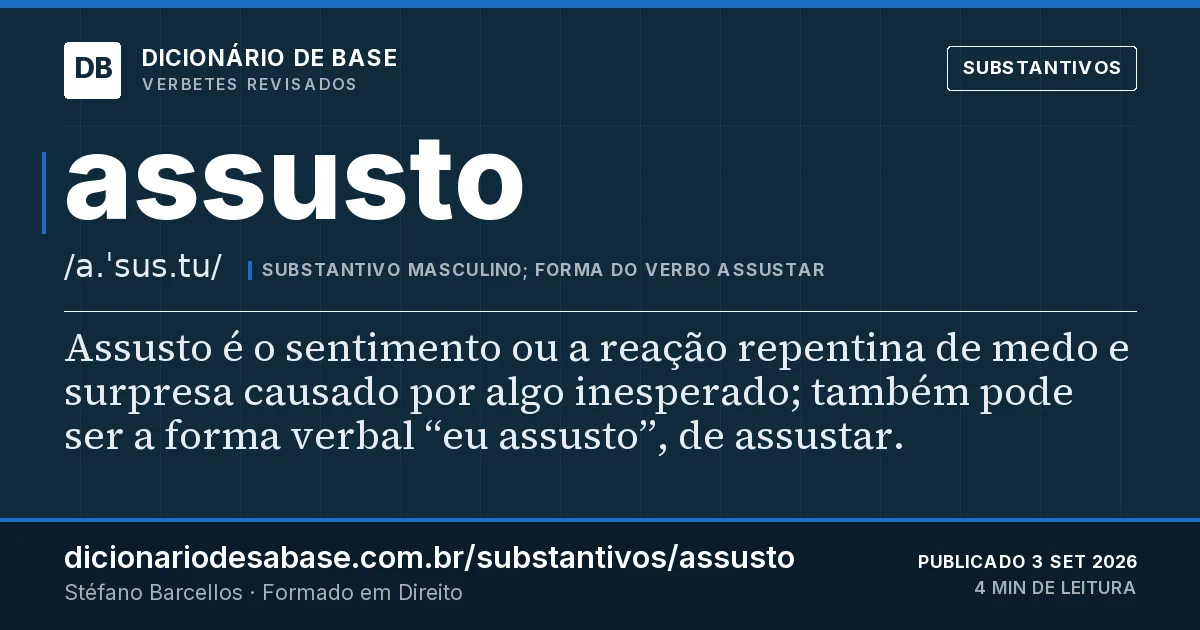 Cartão do verbete assusto: Assusto é o sentimento ou a reação repentina de medo e surpresa causado por algo inesperado; também pode ser a forma…