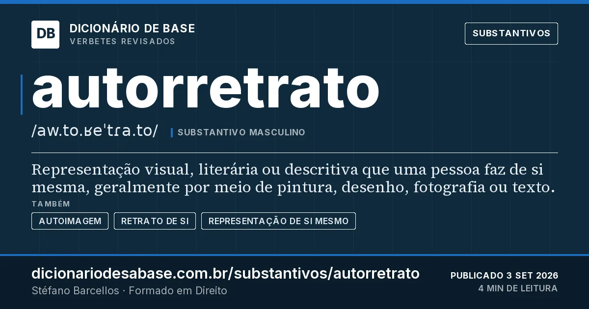 Cartão do verbete autorretrato: Representação visual, literária ou descritiva que uma pessoa faz de si mesma, geralmente por meio de pintura, desenho…