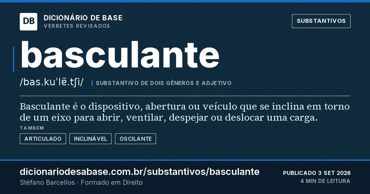 Cartão do verbete basculante: Basculante é o dispositivo, abertura ou veículo que se inclina em torno de um eixo para abrir, ventilar, despejar ou…