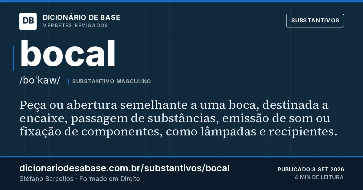 Cartão do verbete bocal: Peça ou abertura semelhante a uma boca, destinada a encaixe, passagem de substâncias, emissão de som ou fixação de…
