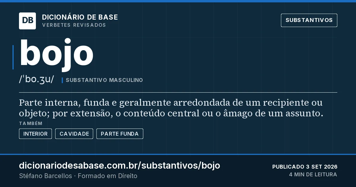 Cartão do verbete bojo: Parte interna, funda e geralmente arredondada de um recipiente ou objeto; por extensão, o conteúdo central ou o âmago…