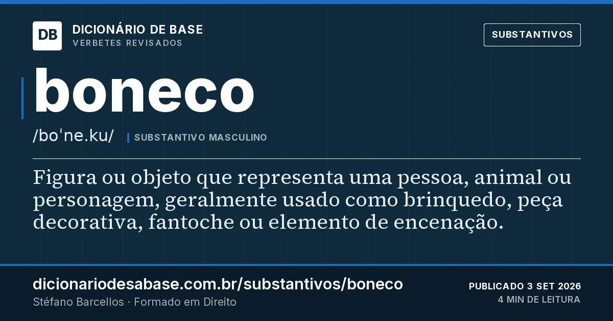 Cartão do verbete boneco: Figura ou objeto que representa uma pessoa, animal ou personagem, geralmente usado como brinquedo, peça decorativa…