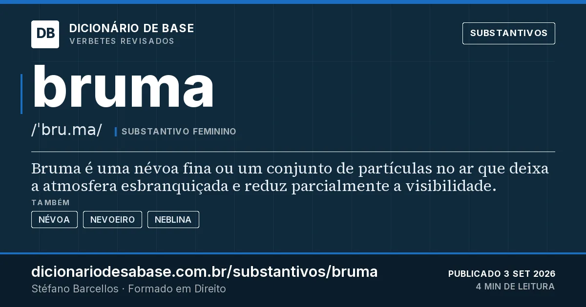 Cartão do verbete bruma: Bruma é uma névoa fina ou um conjunto de partículas no ar que deixa a atmosfera esbranquiçada e reduz parcialmente a…
