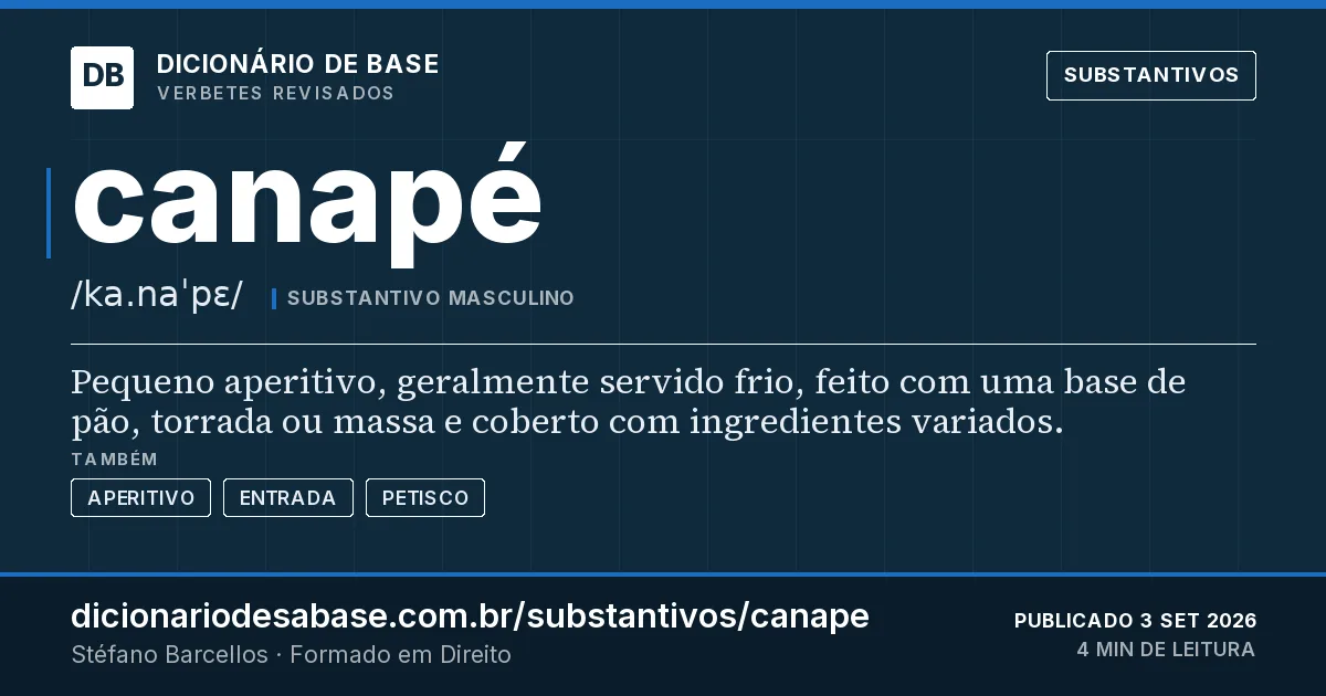 Cartão do verbete canapé: Pequeno aperitivo, geralmente servido frio, feito com uma base de pão, torrada ou massa e coberto com ingredientes…
