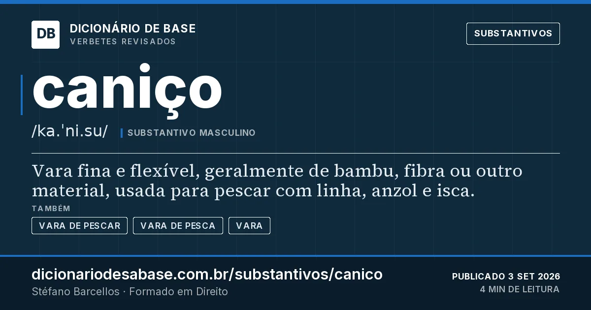 Cartão do verbete caniço: Vara fina e flexível, geralmente de bambu, fibra ou outro material, usada para pescar com linha, anzol e isca.