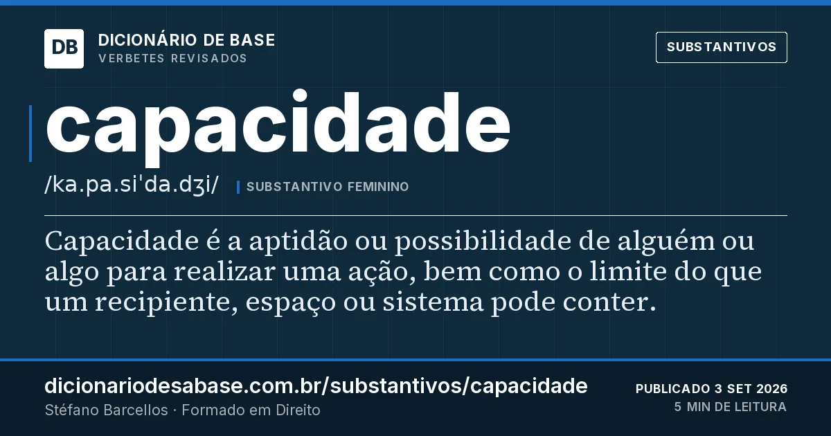 Cartão do verbete capacidade: Capacidade é a aptidão ou possibilidade de alguém ou algo para realizar uma ação, bem como o limite do que um…