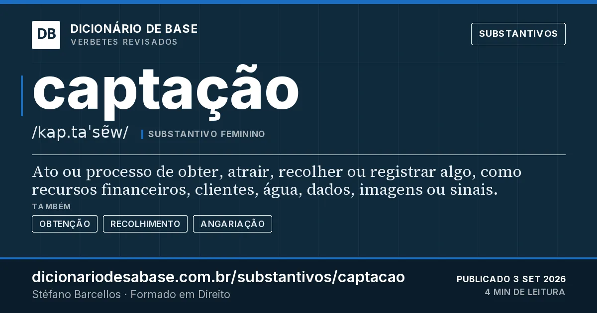 Cartão do verbete captação: Ato ou processo de obter, atrair, recolher ou registrar algo, como recursos financeiros, clientes, água, dados, imagens…