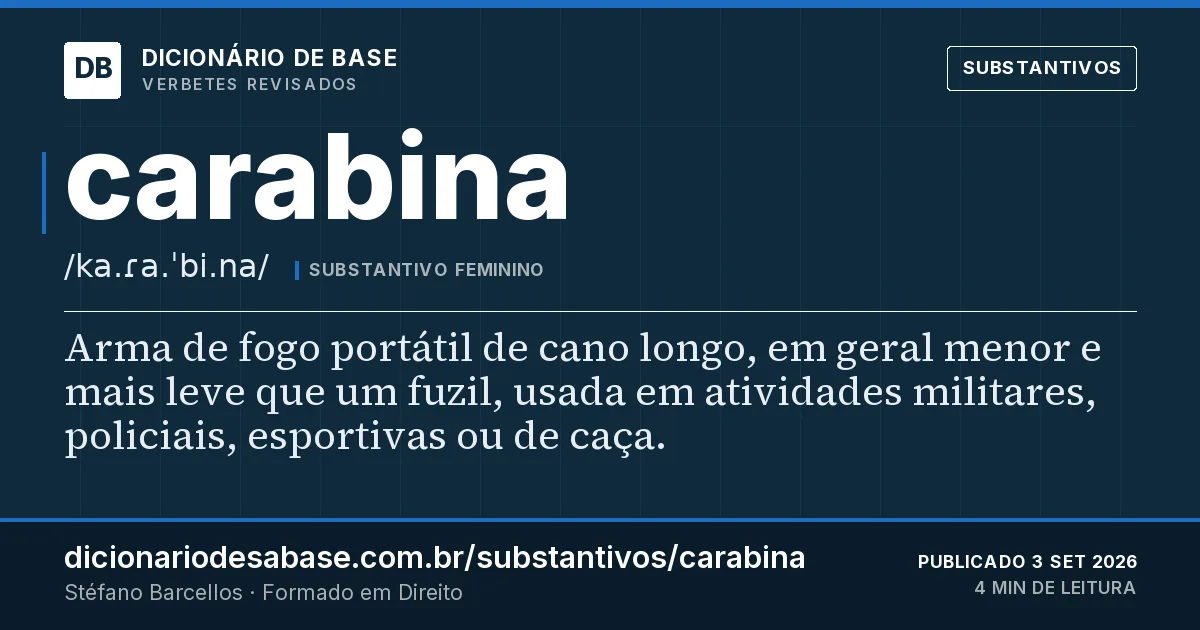 Cartão do verbete carabina: Arma de fogo portátil de cano longo, em geral menor e mais leve que um fuzil, usada em atividades militares, policiais…