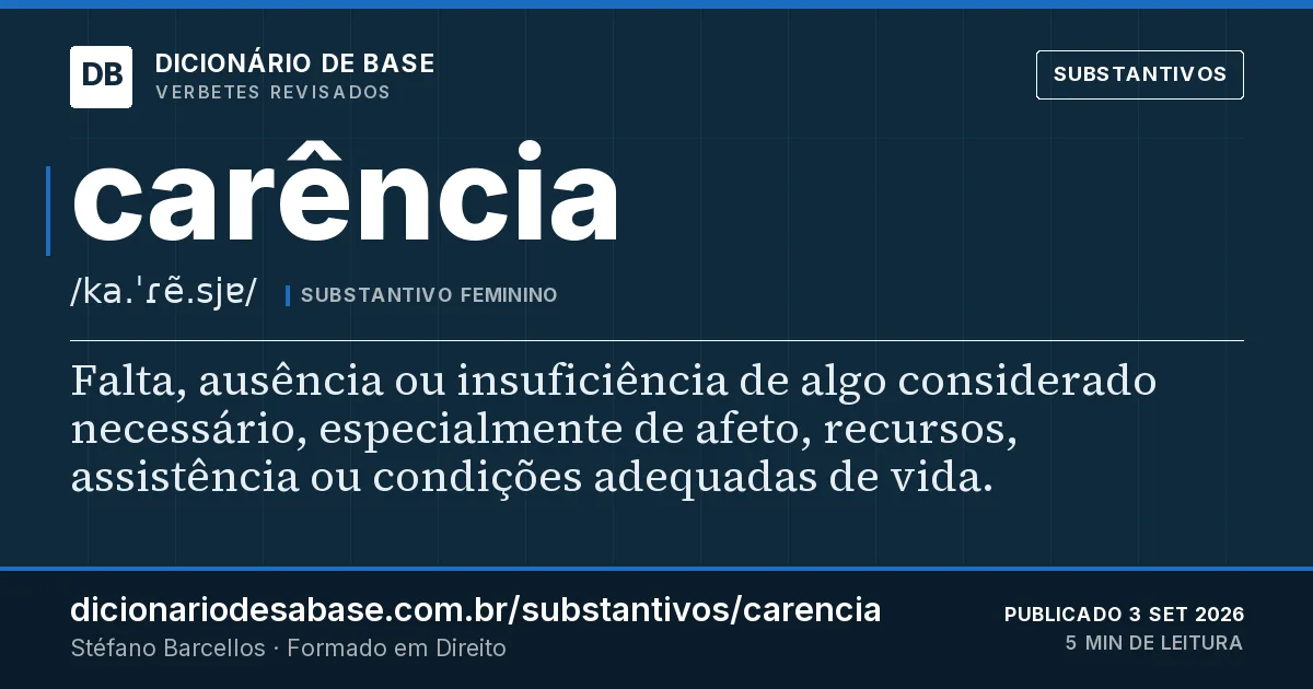 Cartão do verbete carência: Falta, ausência ou insuficiência de algo considerado necessário, especialmente de afeto, recursos, assistência ou…