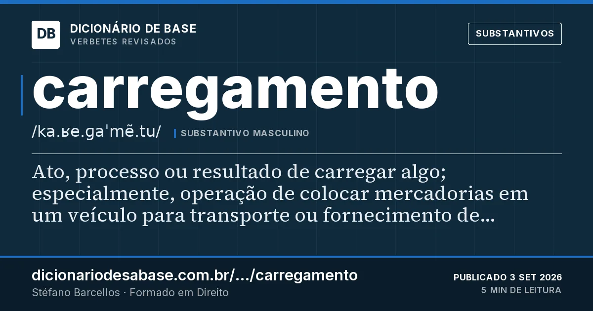 Cartão do verbete carregamento: Ato, processo ou resultado de carregar algo; especialmente, operação de colocar mercadorias em um veículo para…