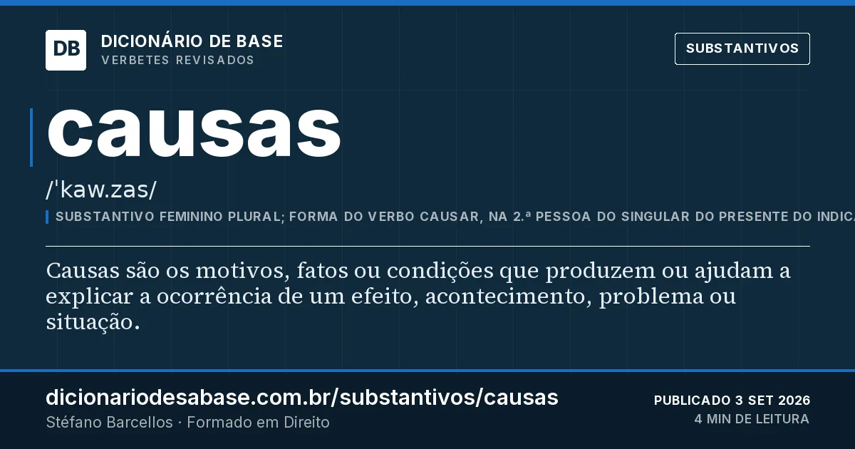 Cartão do verbete causas: Causas são os motivos, fatos ou condições que produzem ou ajudam a explicar a ocorrência de um efeito, acontecimento…