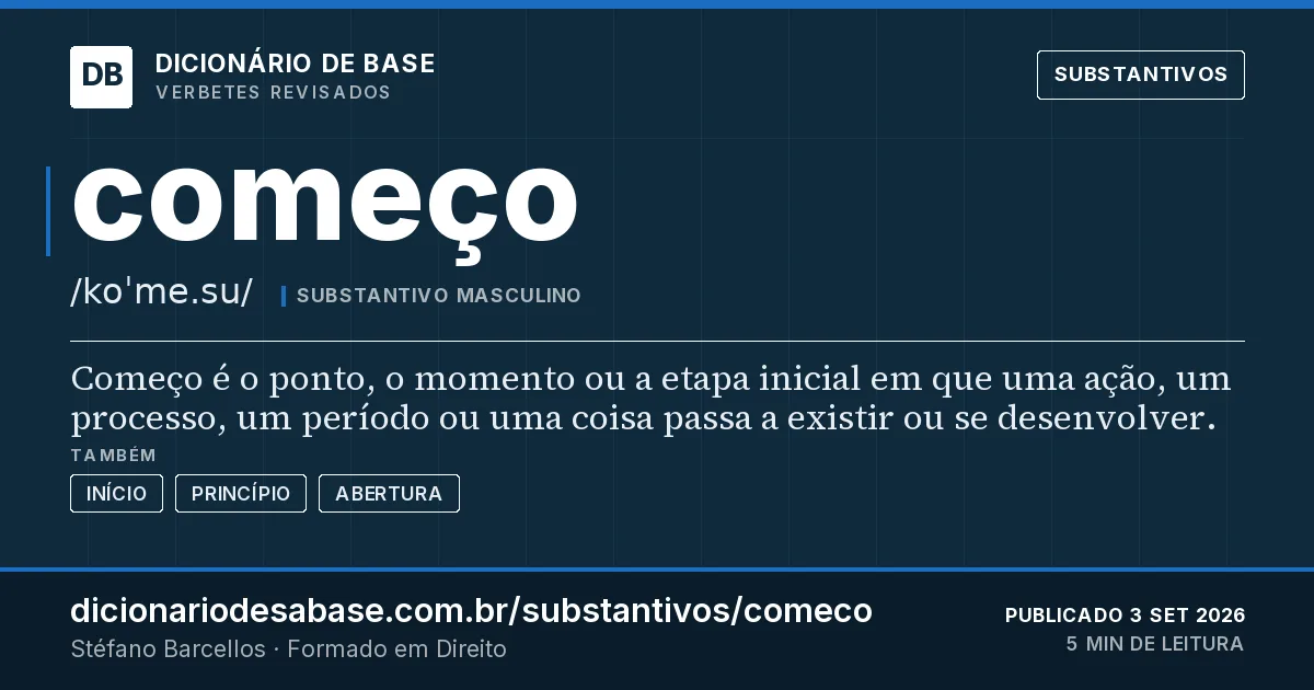 Cartão do verbete começo: Começo é o ponto, o momento ou a etapa inicial em que uma ação, um processo, um período ou uma coisa passa a existir ou…