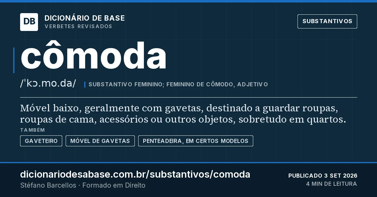 Cartão do verbete cômoda: Móvel baixo, geralmente com gavetas, destinado a guardar roupas, roupas de cama, acessórios ou outros objetos…