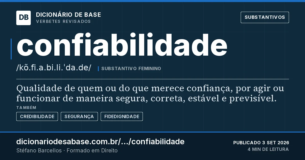 Cartão do verbete confiabilidade: Qualidade de quem ou do que merece confiança, por agir ou funcionar de maneira segura, correta, estável e previsível.