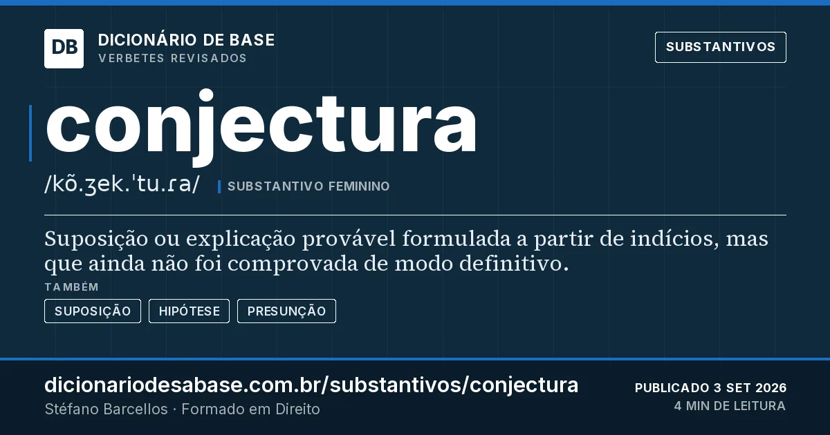 Cartão do verbete conjectura: Suposição ou explicação provável formulada a partir de indícios, mas que ainda não foi comprovada de modo definitivo.