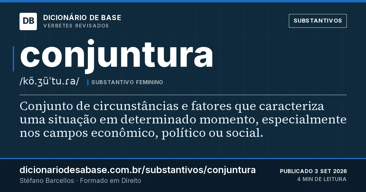 Cartão do verbete conjuntura: Conjunto de circunstâncias e fatores que caracteriza uma situação em determinado momento, especialmente nos campos…