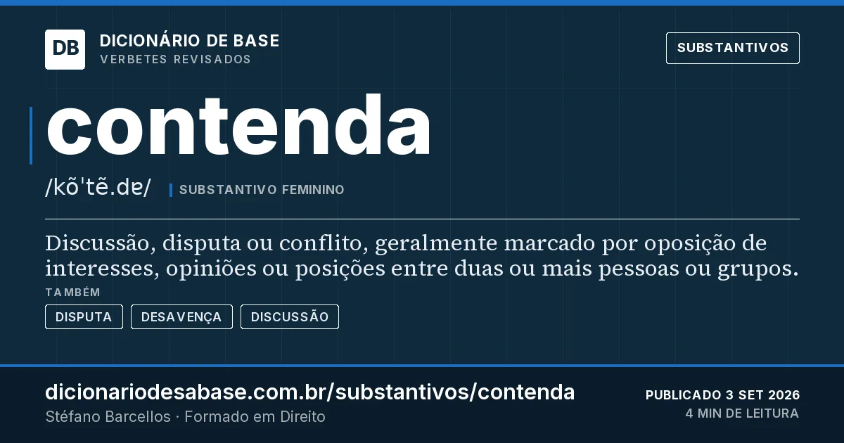 Cartão do verbete contenda: Discussão, disputa ou conflito, geralmente marcado por oposição de interesses, opiniões ou posições entre duas ou mais…