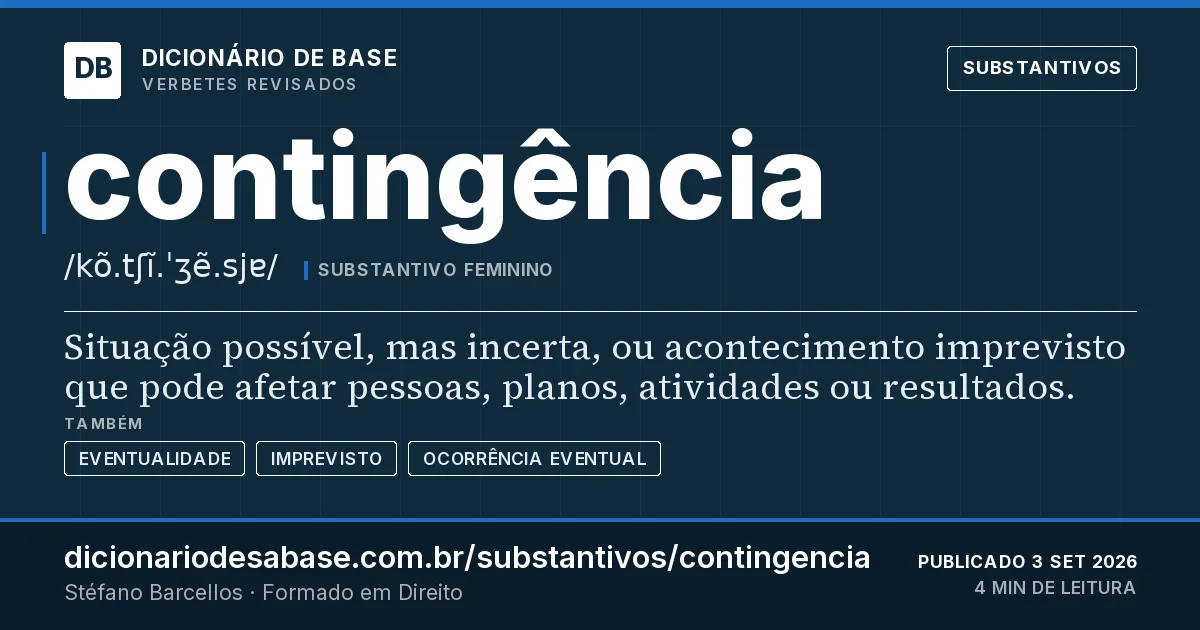 Cartão do verbete contingência: Situação possível, mas incerta, ou acontecimento imprevisto que pode afetar pessoas, planos, atividades ou resultados.