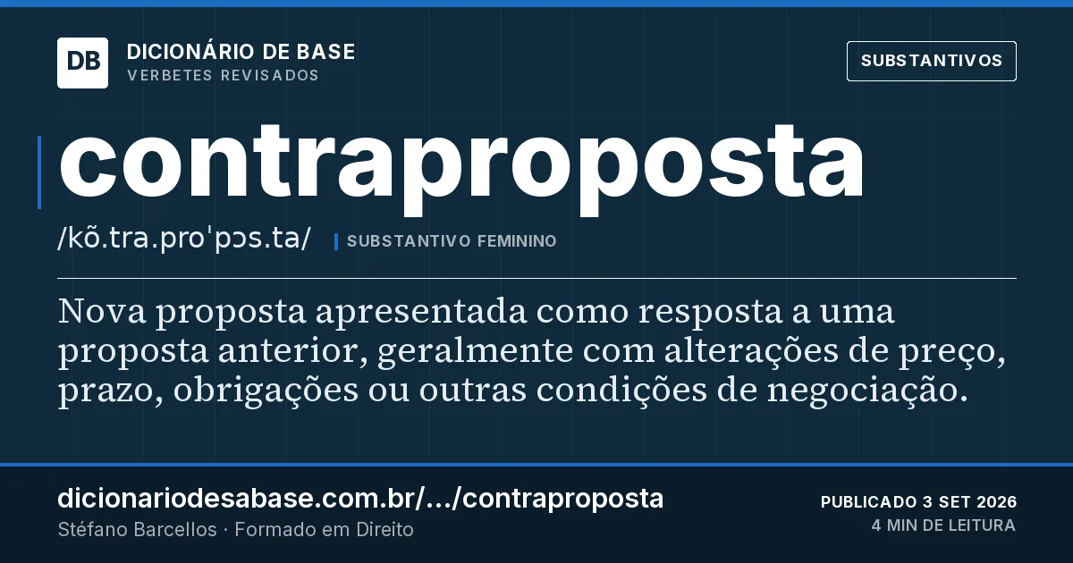 Cartão do verbete contraproposta: Nova proposta apresentada como resposta a uma proposta anterior, geralmente com alterações de preço, prazo, obrigações…