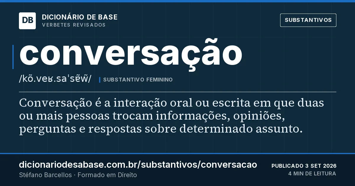 Cartão do verbete conversação: Conversação é a interação oral ou escrita em que duas ou mais pessoas trocam informações, opiniões, perguntas e…