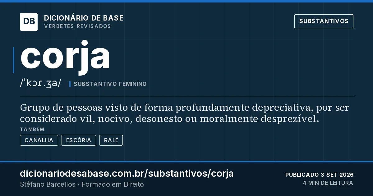Cartão do verbete corja: Grupo de pessoas visto de forma profundamente depreciativa, por ser considerado vil, nocivo, desonesto ou moralmente…