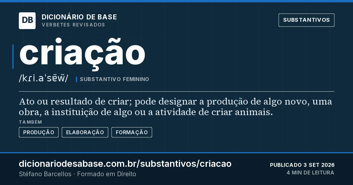 Cartão do verbete criação: Ato ou resultado de criar; pode designar a produção de algo novo, uma obra, a instituição de algo ou a atividade de…