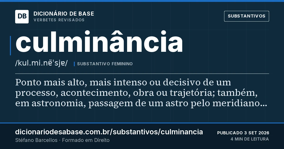 Cartão do verbete culminância: Ponto mais alto, mais intenso ou decisivo de um processo, acontecimento, obra ou trajetória; também, em astronomia…