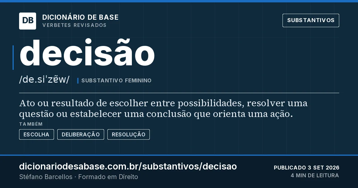 Cartão do verbete decisão: Ato ou resultado de escolher entre possibilidades, resolver uma questão ou estabelecer uma conclusão que orienta uma…