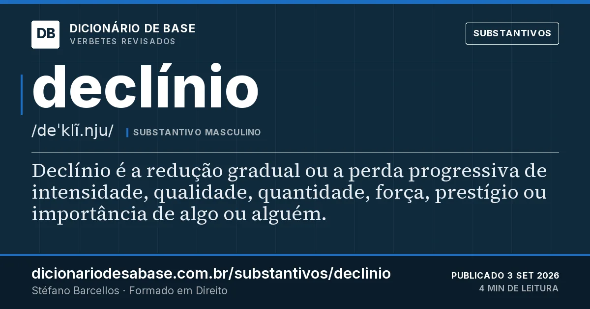 Cartão do verbete declínio: Declínio é a redução gradual ou a perda progressiva de intensidade, qualidade, quantidade, força, prestígio ou…