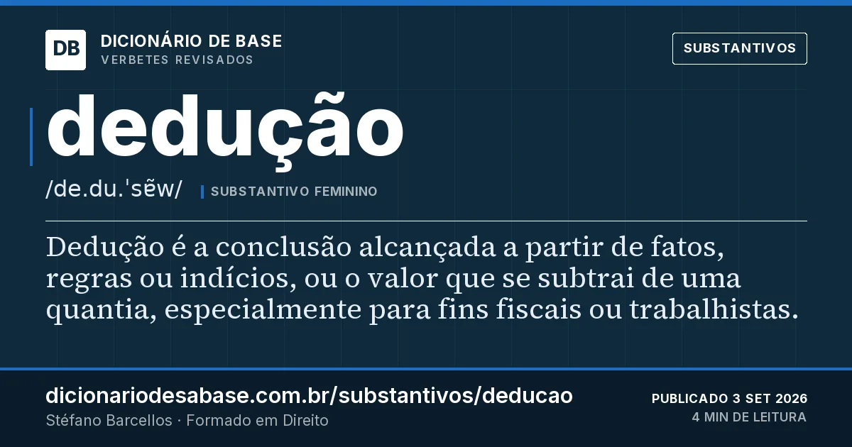 Cartão do verbete dedução: Dedução é a conclusão alcançada a partir de fatos, regras ou indícios, ou o valor que se subtrai de uma quantia…