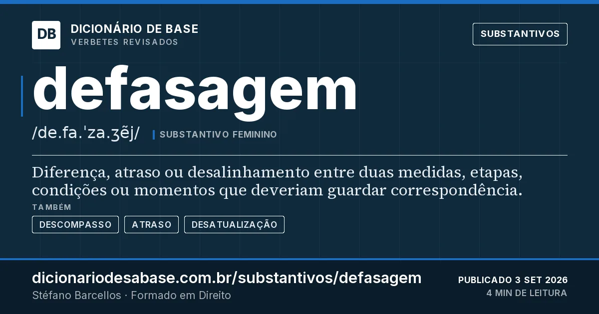 Cartão do verbete defasagem: Diferença, atraso ou desalinhamento entre duas medidas, etapas, condições ou momentos que deveriam guardar…