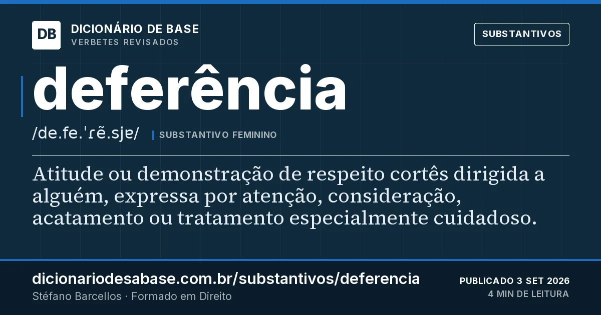 Cartão do verbete deferência: Atitude ou demonstração de respeito cortês dirigida a alguém, expressa por atenção, consideração, acatamento ou…