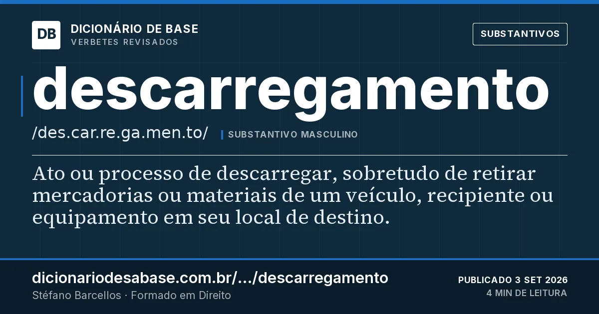 Cartão do verbete descarregamento: Ato ou processo de descarregar, sobretudo de retirar mercadorias ou materiais de um veículo, recipiente ou equipamento…