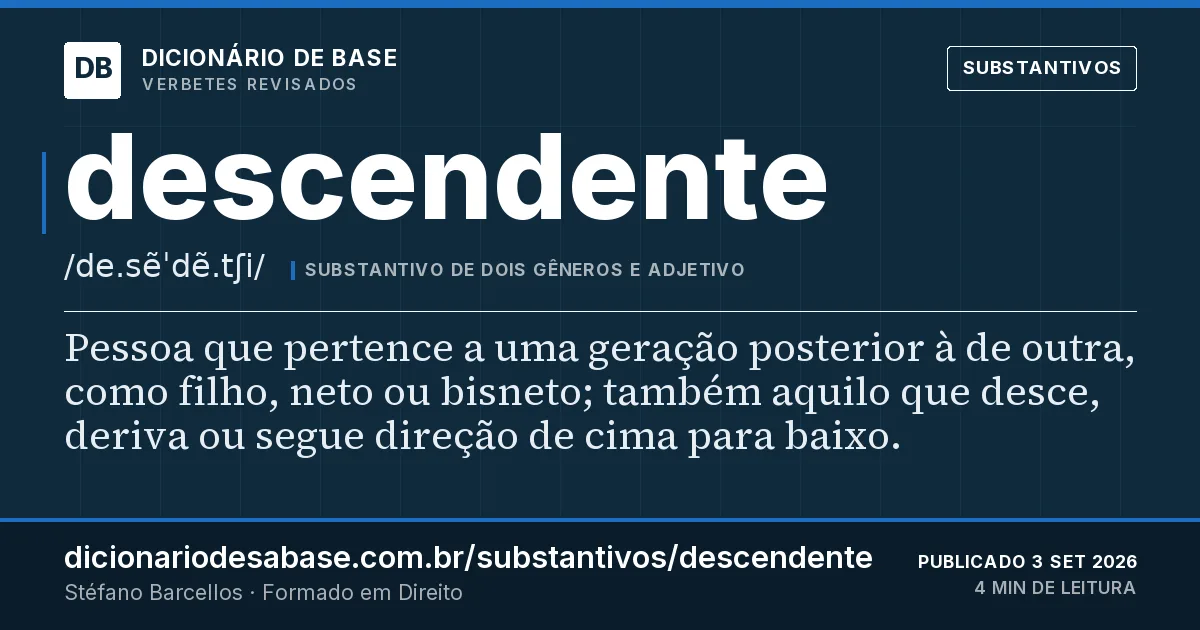 Cartão do verbete descendente: Pessoa que pertence a uma geração posterior à de outra, como filho, neto ou bisneto; também aquilo que desce, deriva ou…