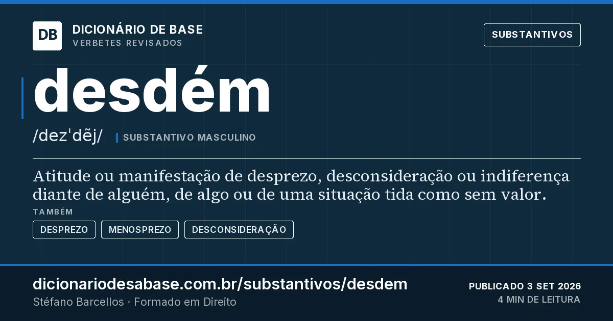 Cartão do verbete desdém: Atitude ou manifestação de desprezo, desconsideração ou indiferença diante de alguém, de algo ou de uma situação tida…