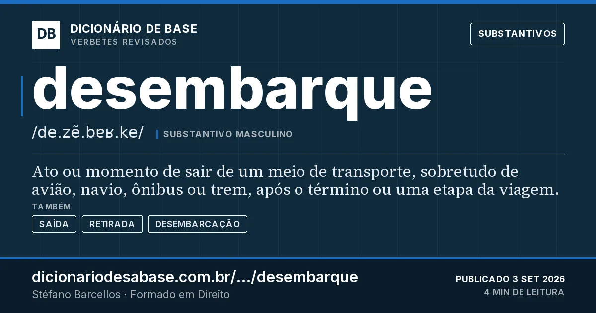 Cartão do verbete desembarque: Ato ou momento de sair de um meio de transporte, sobretudo de avião, navio, ônibus ou trem, após o término ou uma etapa…