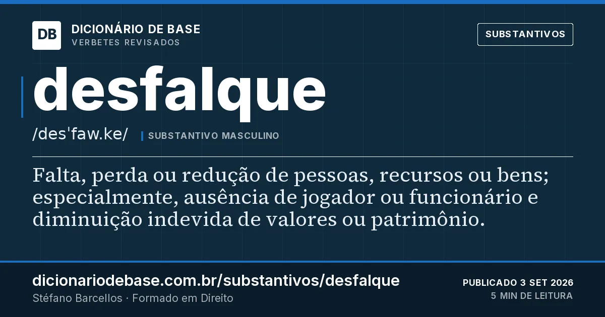 Cartão do verbete desfalque: Falta, perda ou redução de pessoas, recursos ou bens; especialmente, ausência de jogador ou funcionário e diminuição…