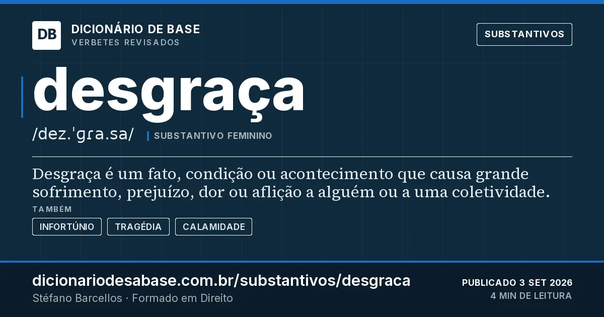 Cartão do verbete desgraça: Desgraça é um fato, condição ou acontecimento que causa grande sofrimento, prejuízo, dor ou aflição a alguém ou a uma…