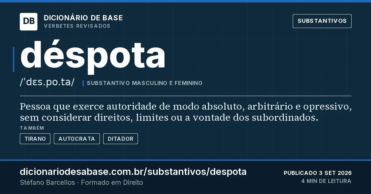 Cartão do verbete déspota: Pessoa que exerce autoridade de modo absoluto, arbitrário e opressivo, sem considerar direitos, limites ou a vontade…