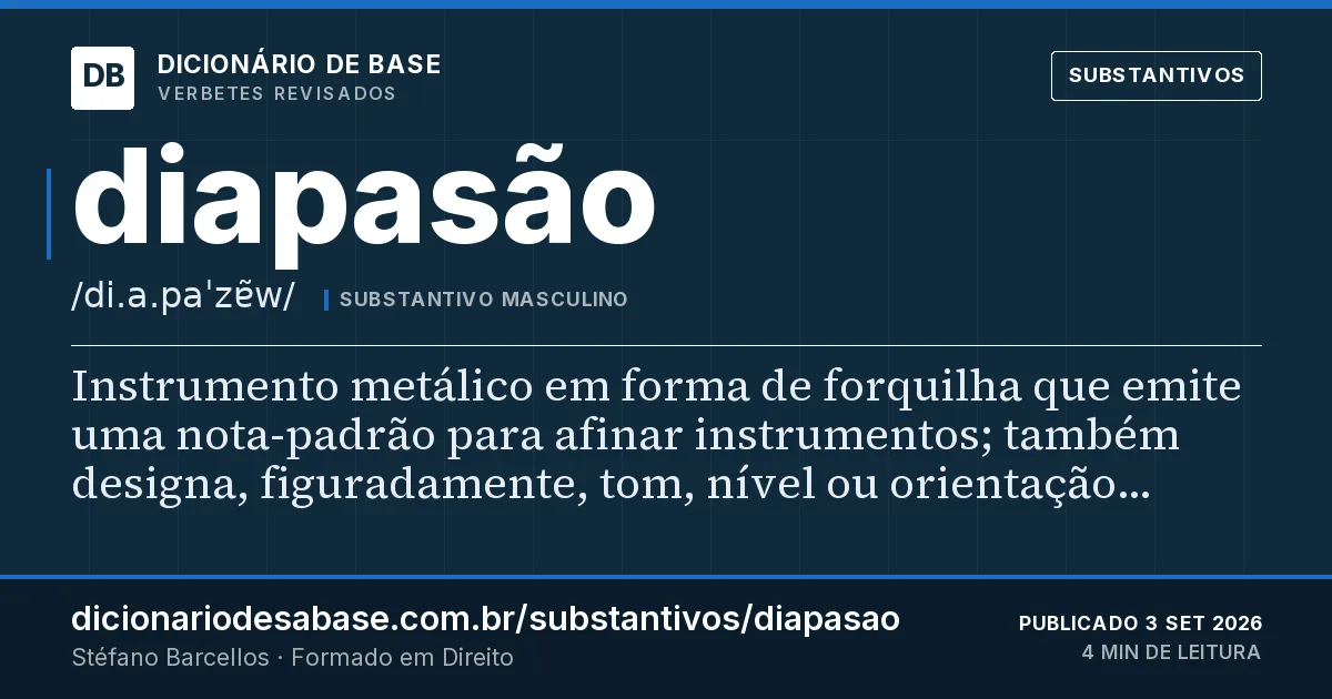 Cartão do verbete diapasão: Instrumento metálico em forma de forquilha que emite uma nota-padrão para afinar instrumentos; também designa…