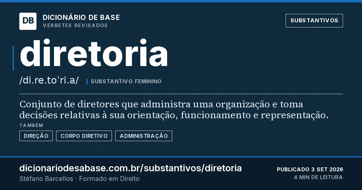 Cartão do verbete diretoria: Conjunto de diretores que administra uma organização e toma decisões relativas à sua orientação, funcionamento e…