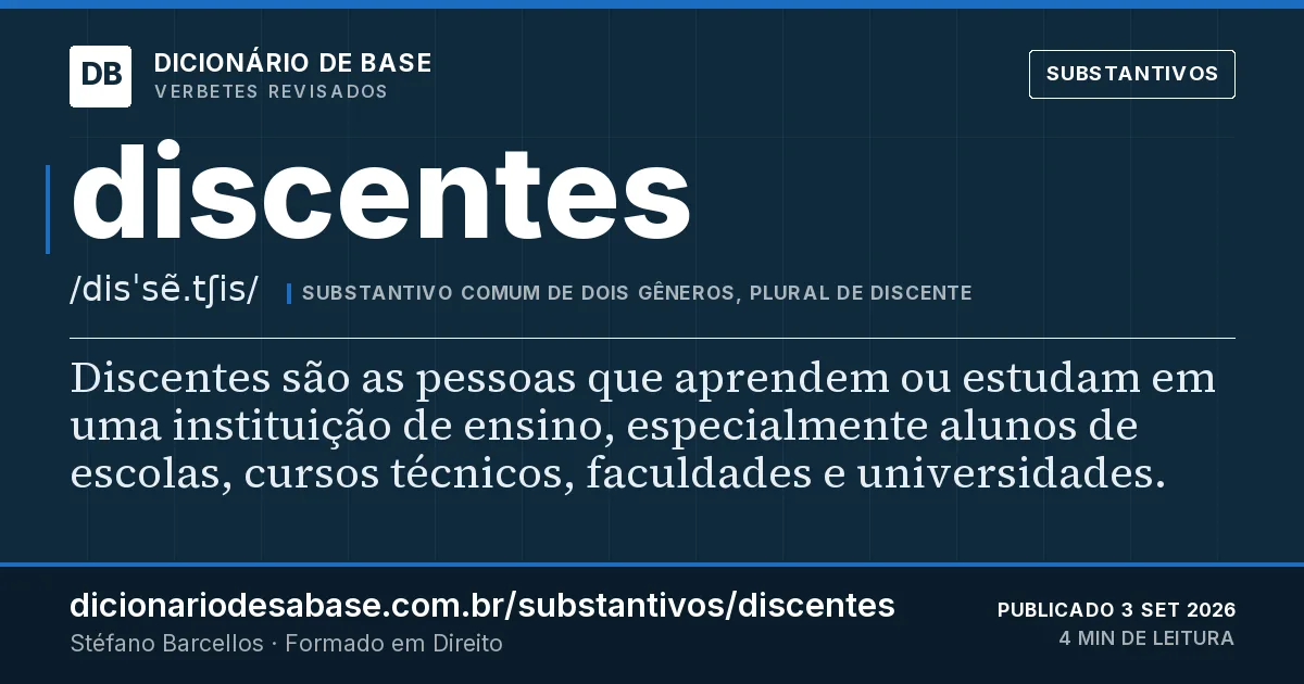 Cartão do verbete discentes: Discentes são as pessoas que aprendem ou estudam em uma instituição de ensino, especialmente alunos de escolas, cursos…