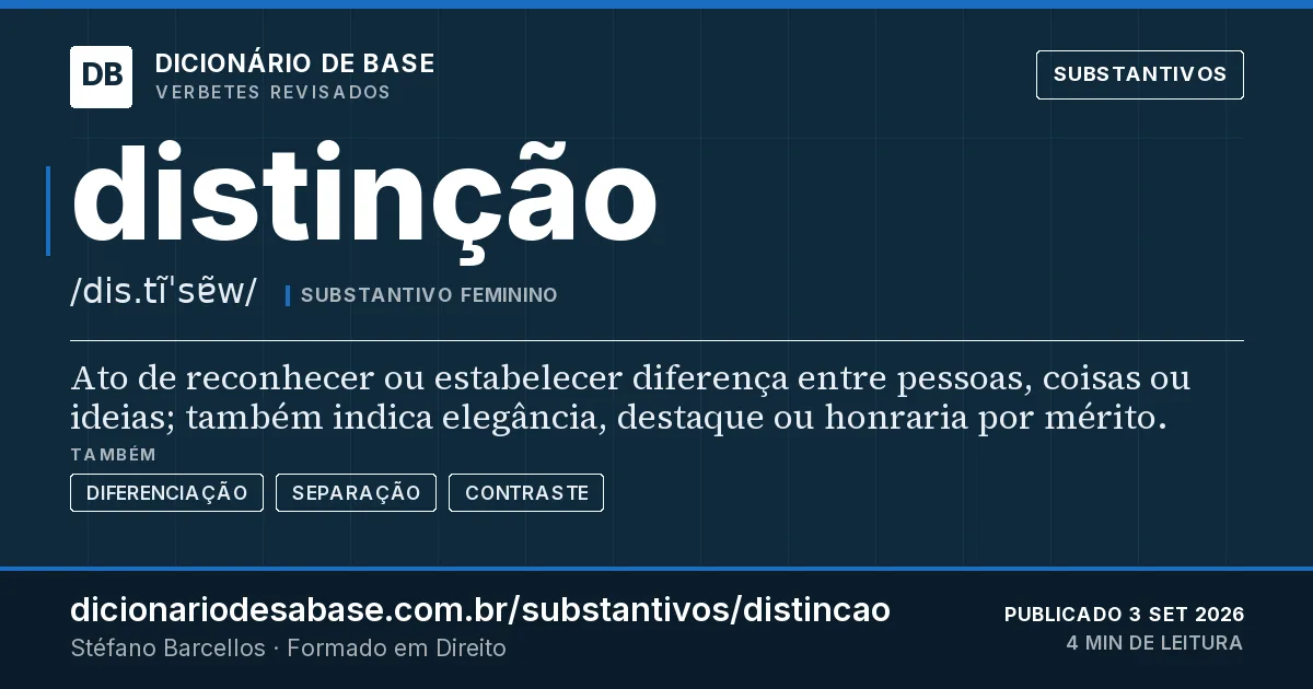 Cartão do verbete distinção: Ato de reconhecer ou estabelecer diferença entre pessoas, coisas ou ideias; também indica elegância, destaque ou…