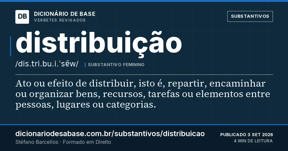 Cartão do verbete distribuição: Ato ou efeito de distribuir, isto é, repartir, encaminhar ou organizar bens, recursos, tarefas ou elementos entre…