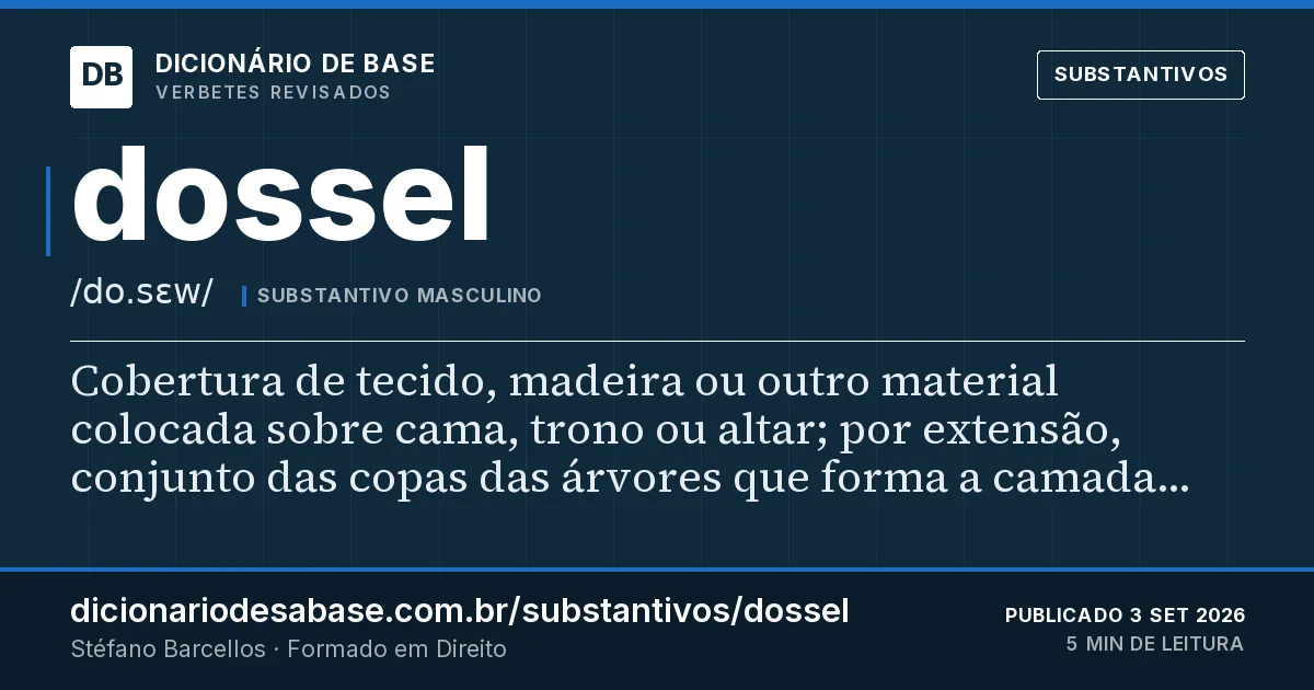 Cartão do verbete dossel: Cobertura de tecido, madeira ou outro material colocada sobre cama, trono ou altar; por extensão, conjunto das copas…