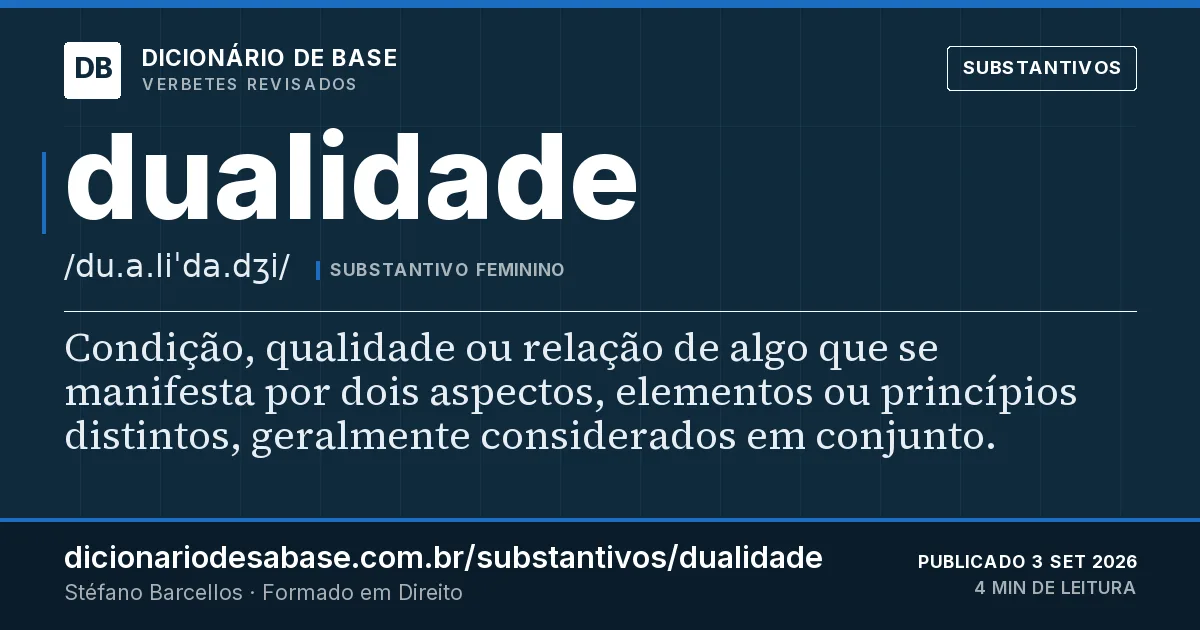 Cartão do verbete dualidade: Condição, qualidade ou relação de algo que se manifesta por dois aspectos, elementos ou princípios distintos…