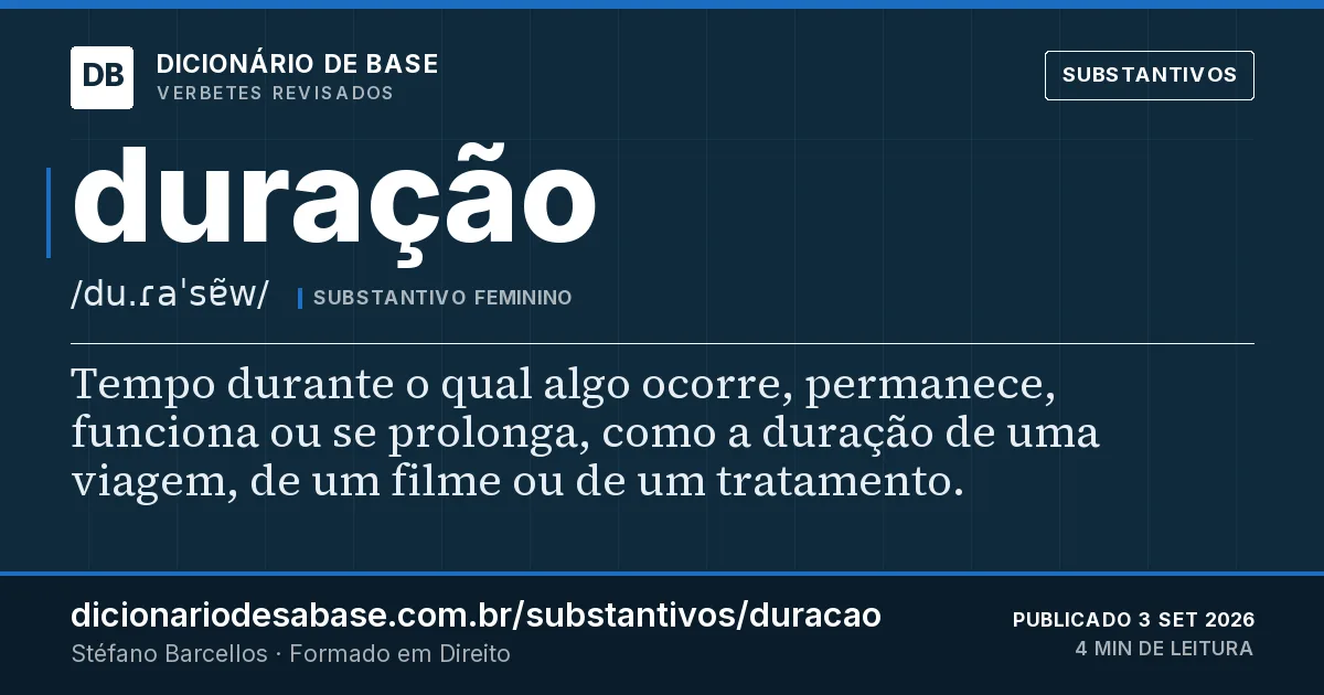Cartão do verbete duração: Tempo durante o qual algo ocorre, permanece, funciona ou se prolonga, como a duração de uma viagem, de um filme ou de…