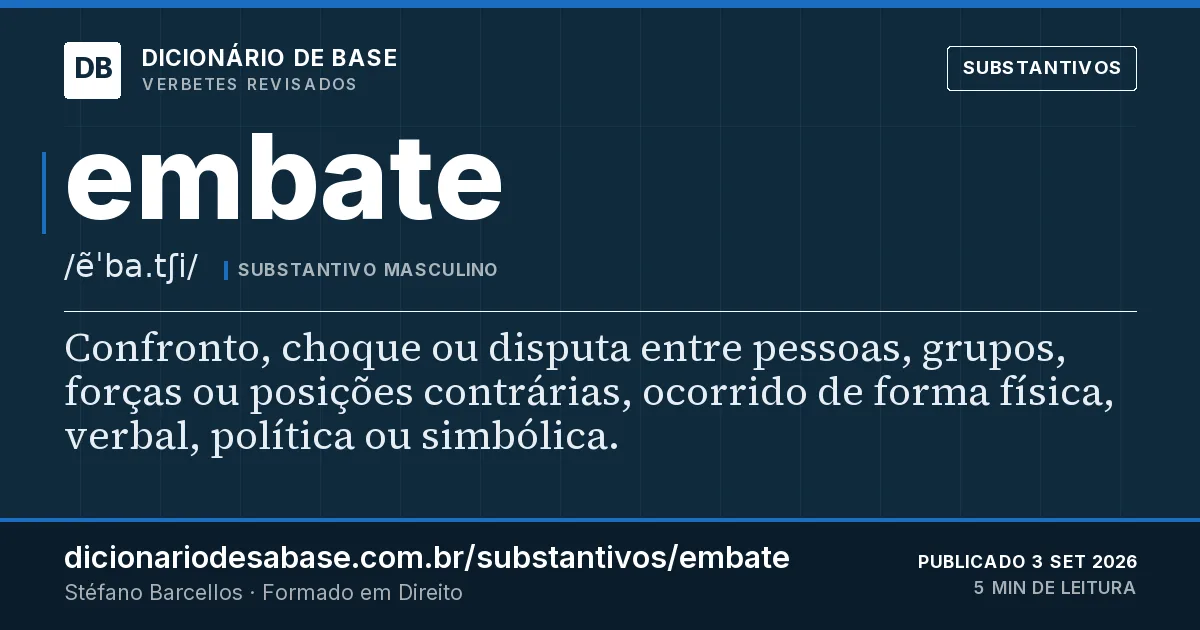 Cartão do verbete embate: Confronto, choque ou disputa entre pessoas, grupos, forças ou posições contrárias, ocorrido de forma física, verbal…