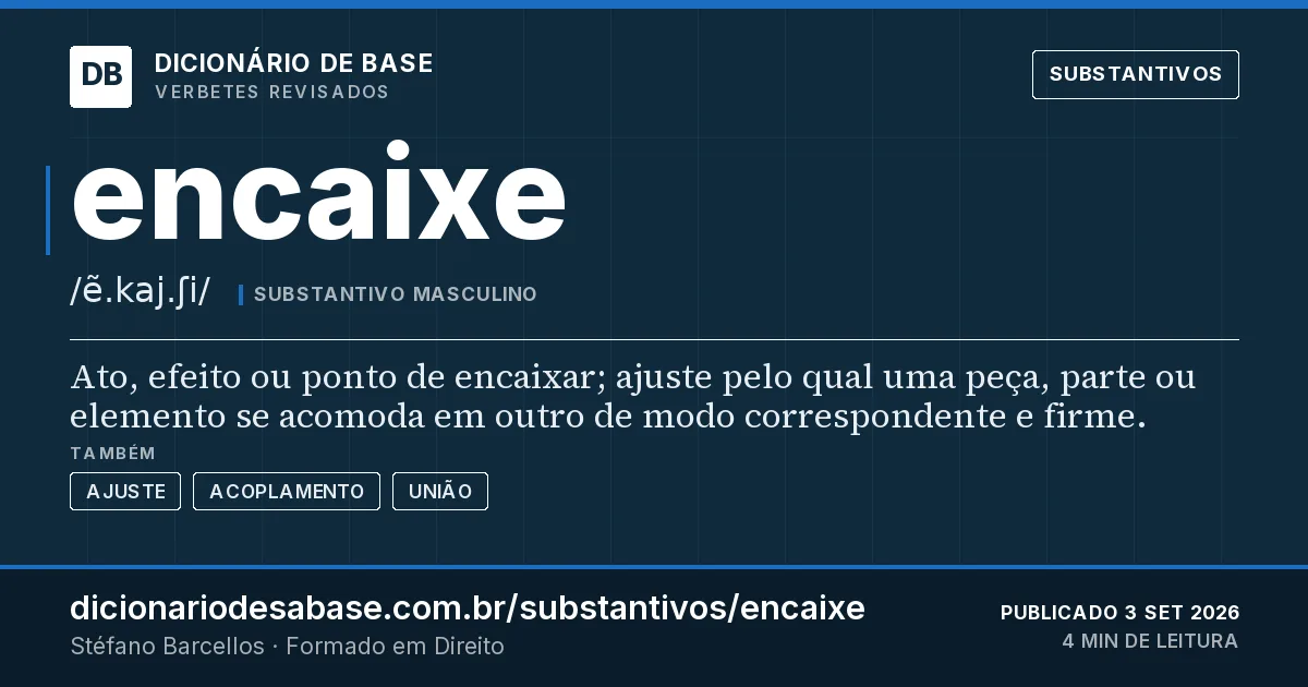 Cartão do verbete encaixe: Ato, efeito ou ponto de encaixar; ajuste pelo qual uma peça, parte ou elemento se acomoda em outro de modo…