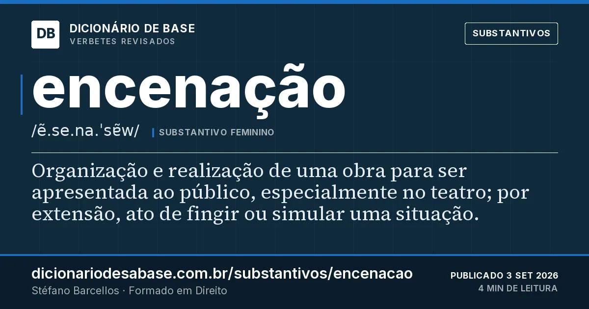 Cartão do verbete encenação: Organização e realização de uma obra para ser apresentada ao público, especialmente no teatro; por extensão, ato de…